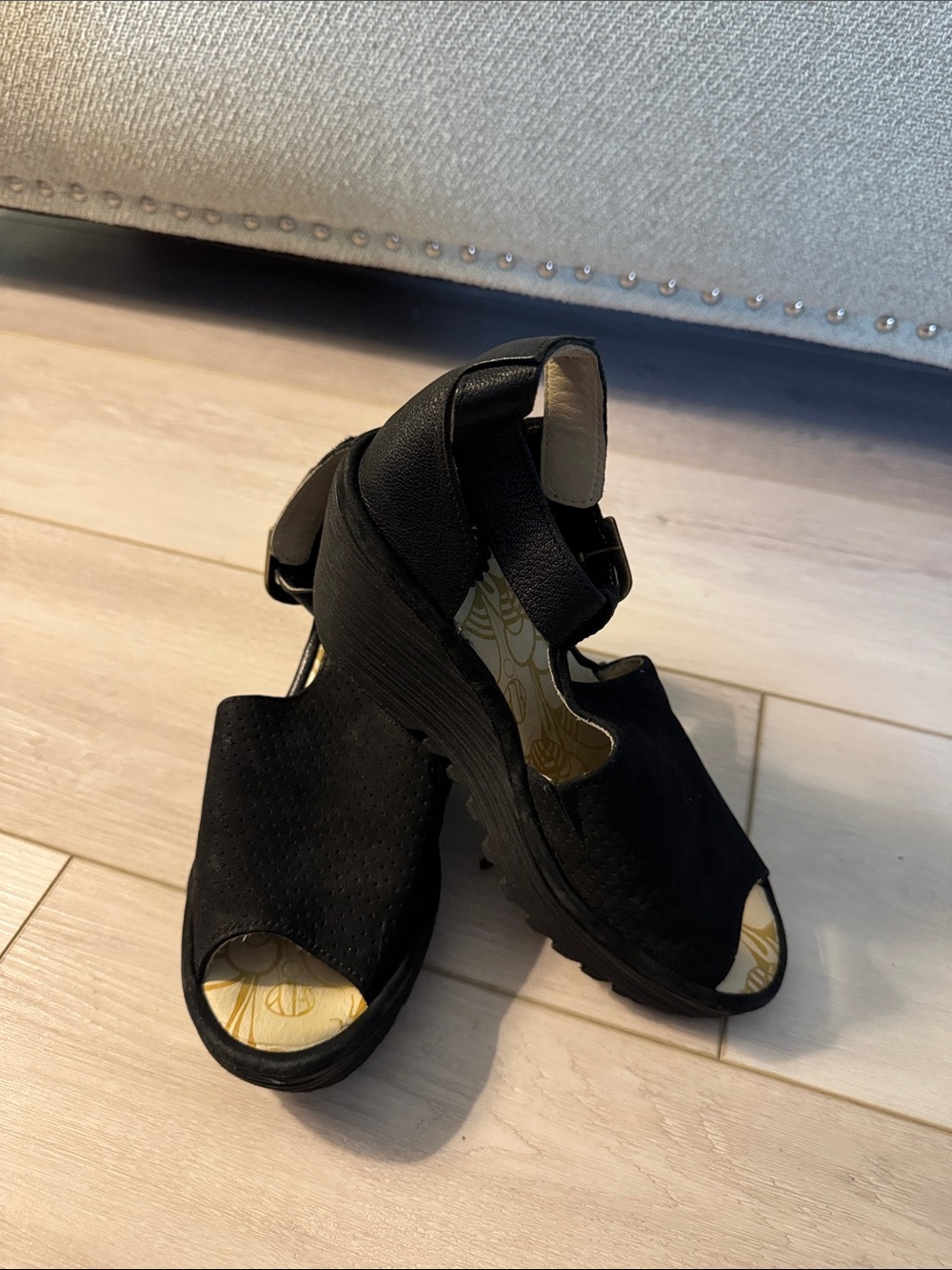 Fly London Black Peep-Toe Ankle Strap Wedge Sandals - Picture 2 of 2